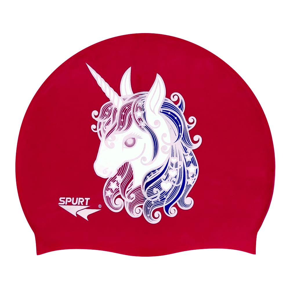 Unicorn with Stars and Hearts in Mane on F204 Dark Cerise Spurt Silicone Swim Cap