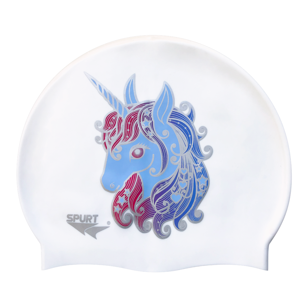 Unicorn with Stars and Hearts in Mane in Lav. Blue Body on F212 Warm White Spurt Silicone Swim Cap