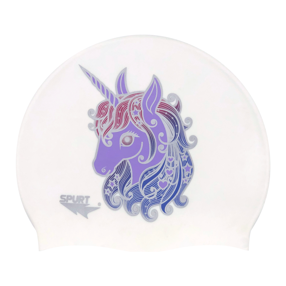 Unicorn with Stars and Hearts in Mane in Purple Body on F212 Warm White Spurt Silicone Swim Cap