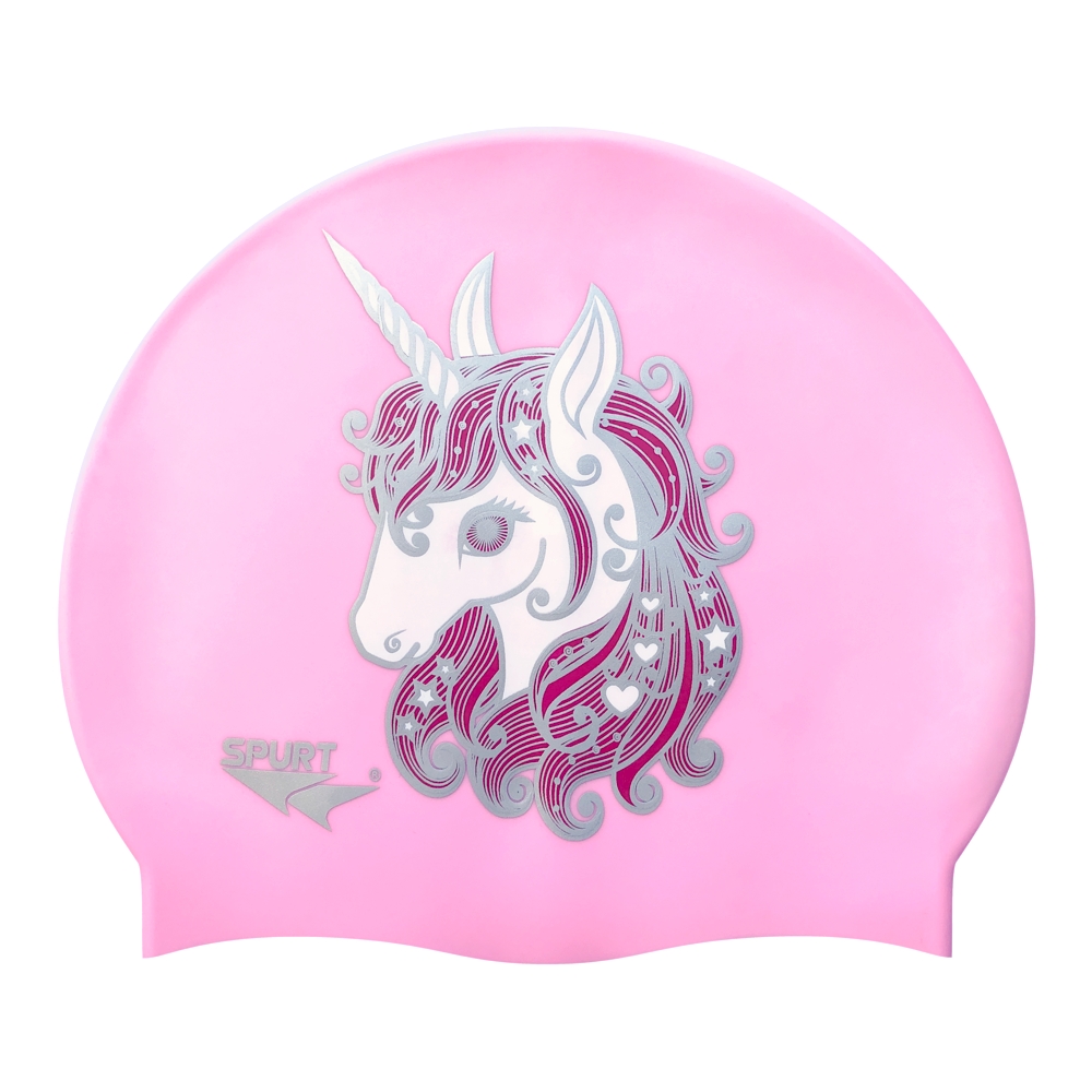 Unicorn with Stars and Hearts in Mane on F239 Light Pink Spurt Silicone Swim Cap