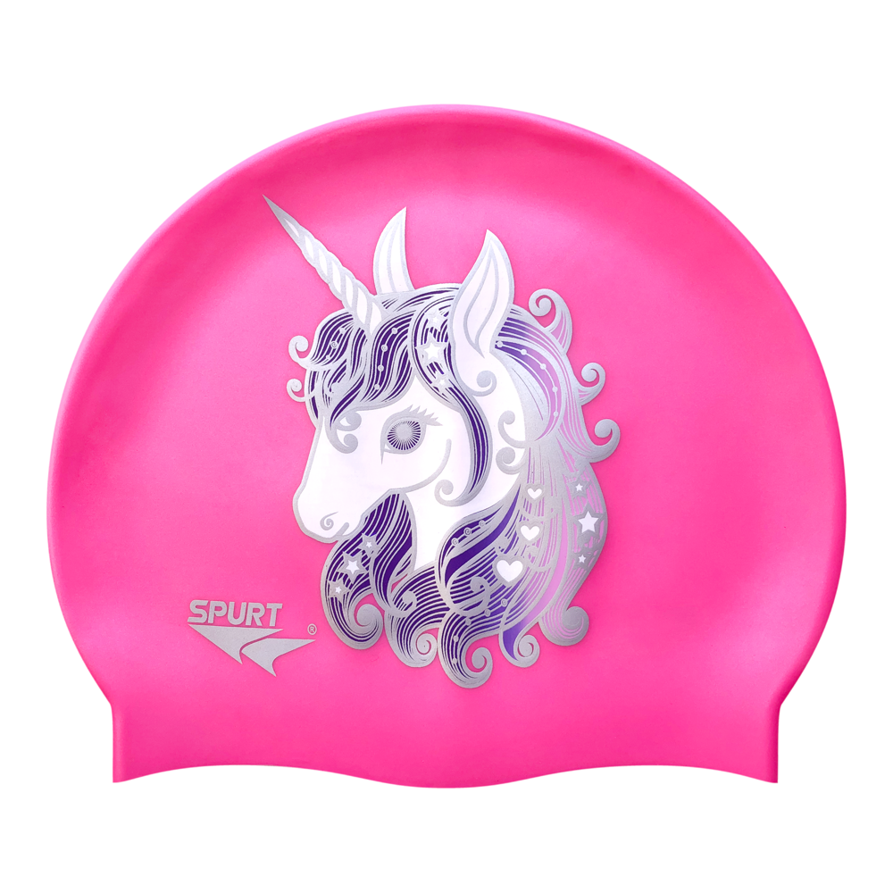 Unicorn with Stars and Hearts in Mane on SC16 Neon Pink Spurt Silicone Swim Cap