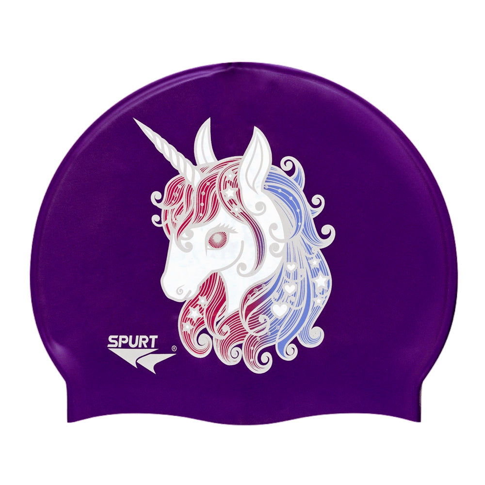 Unicorn with Stars and Hearts in Mane on SH73 Royal Purple Spurt Silicone Swim Cap