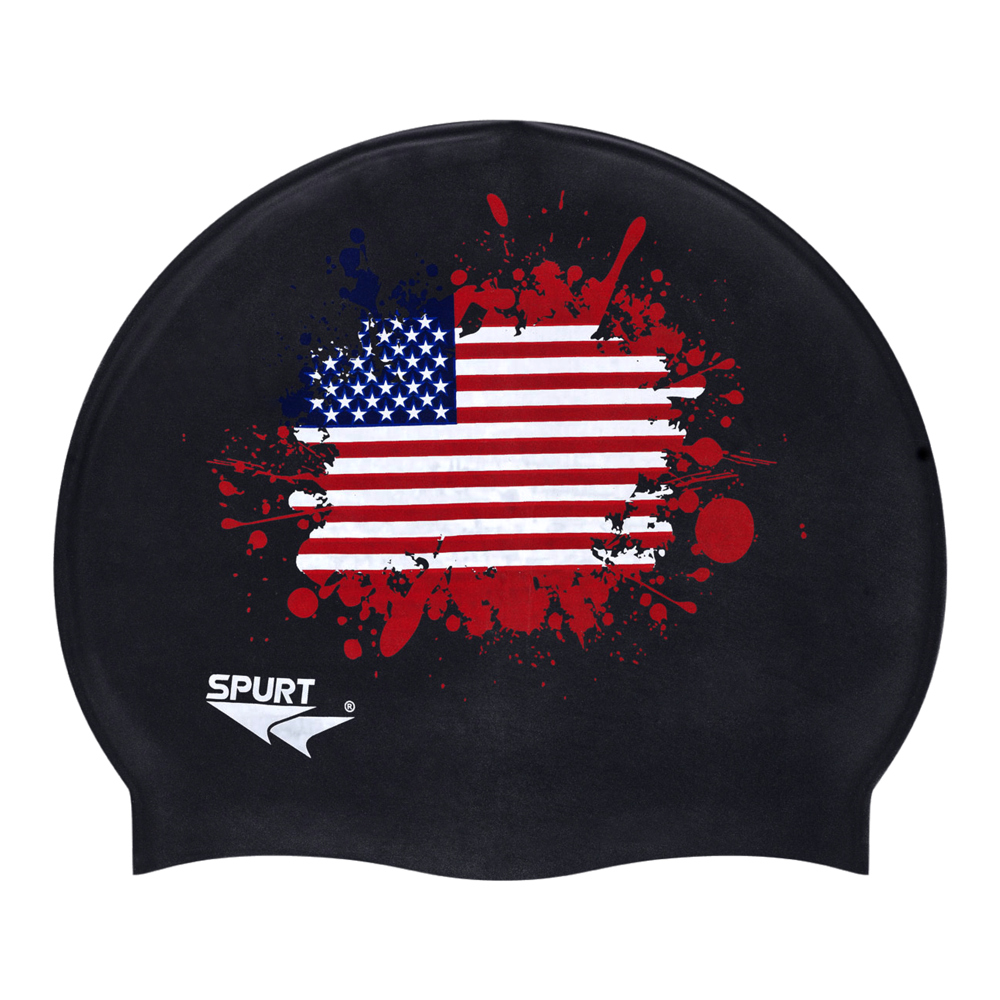 USA Flag Splash on SB14 Metallic Black Spurt Silicone Swim Cap