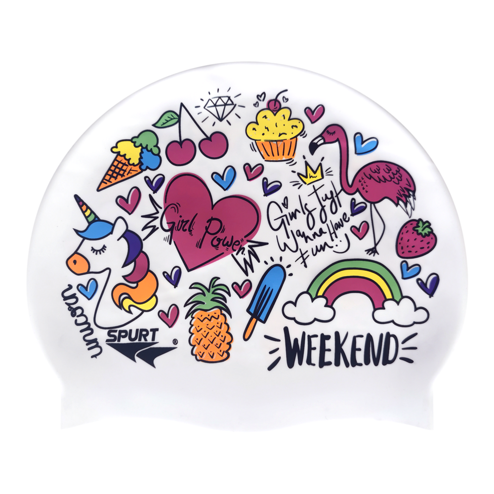 Unicorn and Summer Theme on F211 Cool White Spurt Silicone Swim Cap