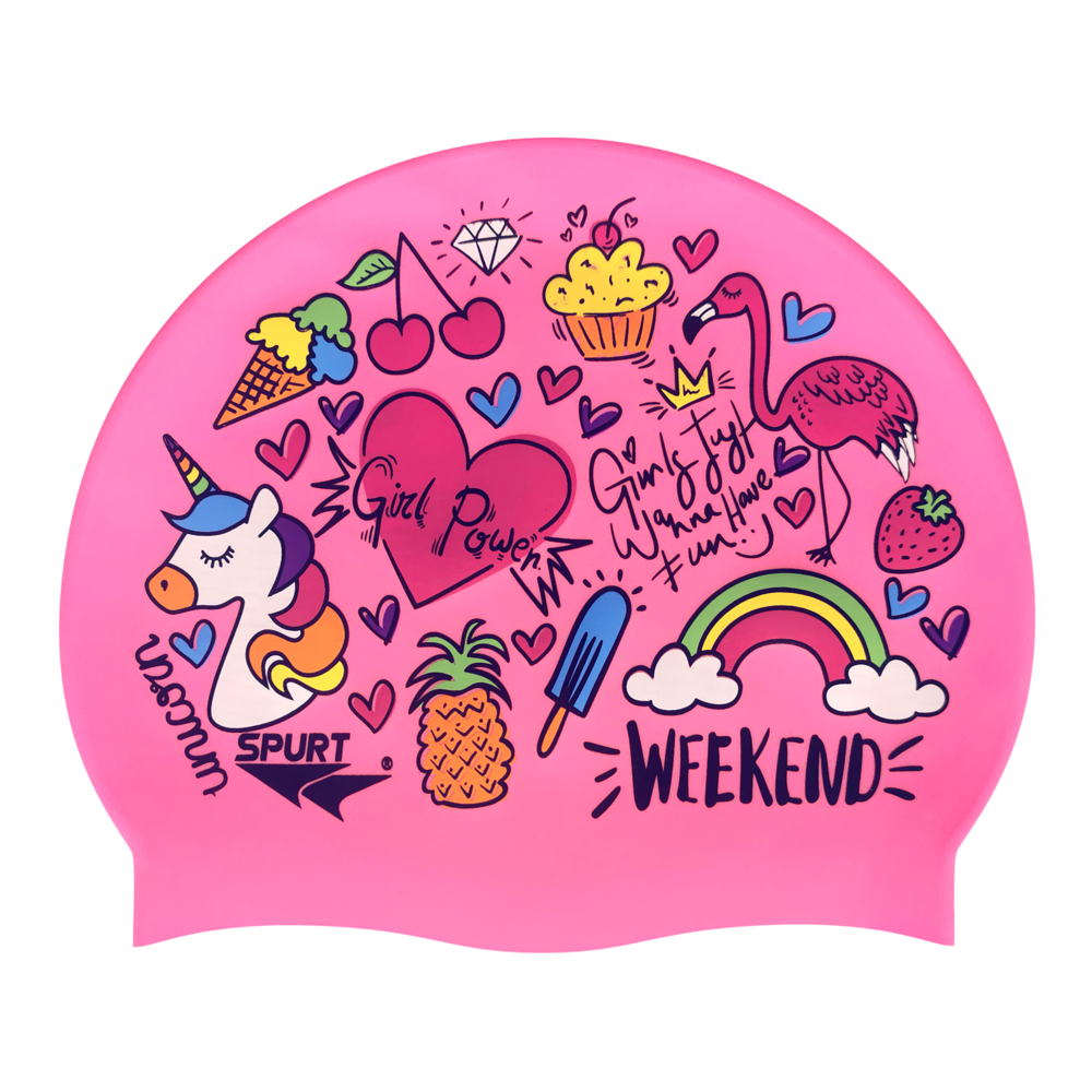 Unicorn and Summer Theme on F227 Medium Pink Spurt Silicone Swim Cap