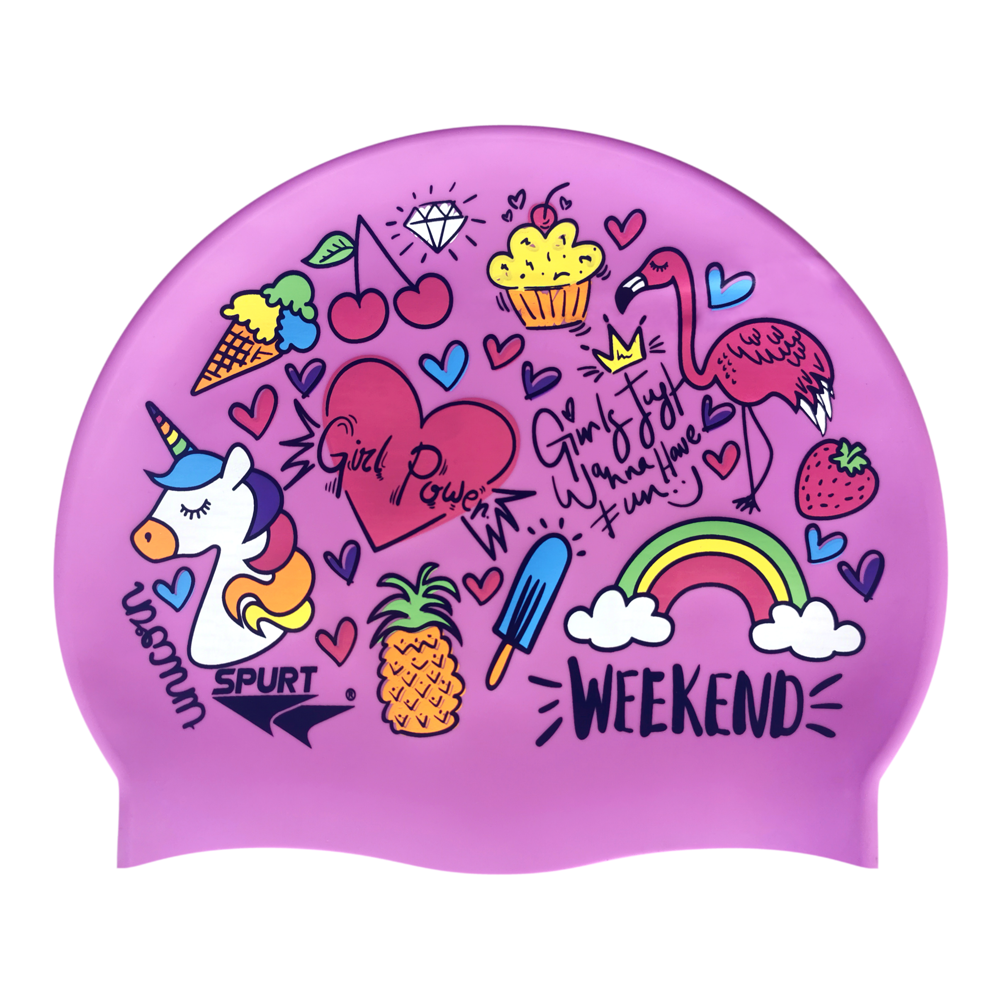 Unicorn and Summer Theme on F228 Light Violet Spurt Silicone Swim Cap