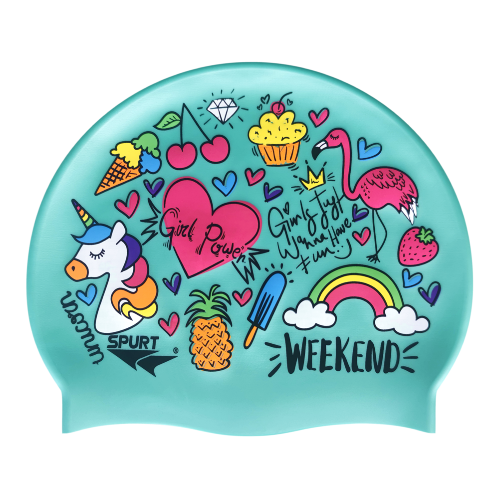 Unicorn and Summer Theme on SD13 Pale Aquamarine Green Spurt Silicone Swim Cap