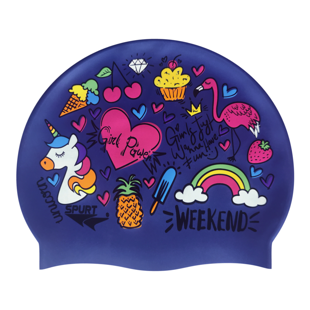 Unicorn and Summer Theme on SD16 Metallic Navy Spurt Silicone Swim Cap