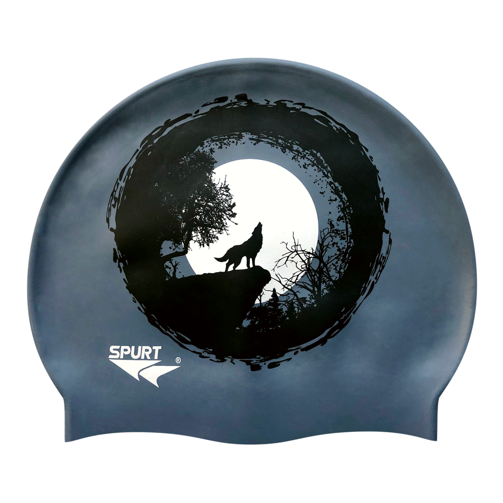 Wolf Howling at the Moon on F210 Dark Grey Spurt Silicone Swim Cap