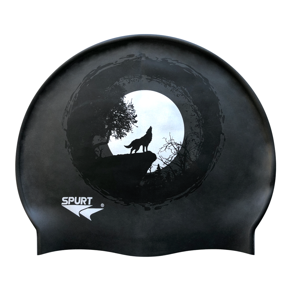 Wolf Howling at the Moon on SB14 Metallic Black Spurt Silicone Swim Cap