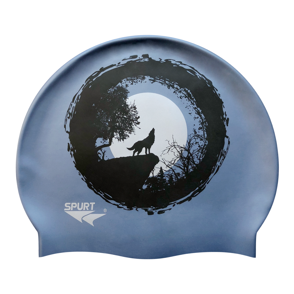 Wolf Howling at the Moon on SD17 Gun Metal Blue Spurt Silicone Swim Cap