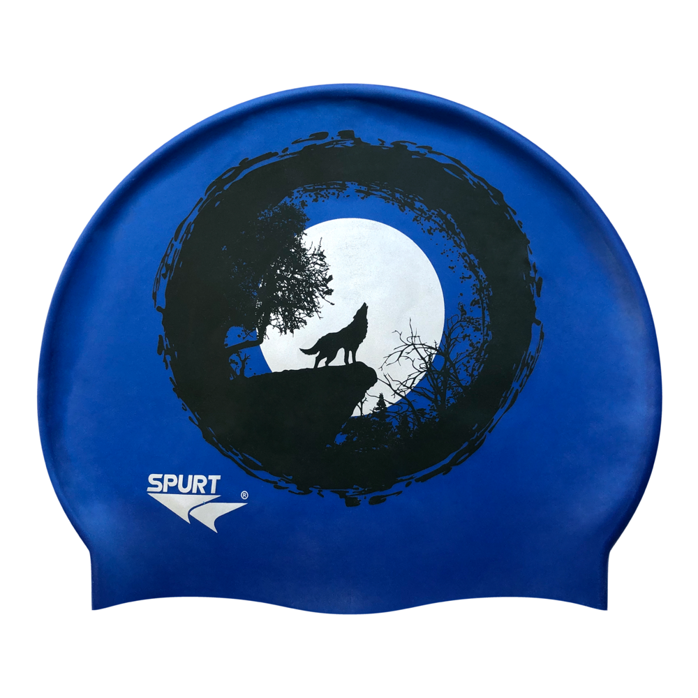 Wolf Howling at the Moon on SE25 Dark Blue Spurt Silicone Swim Cap