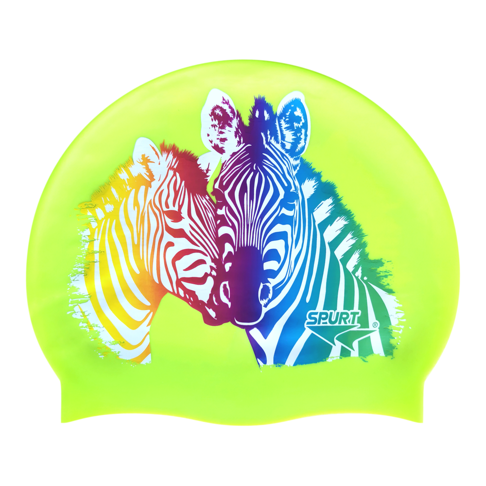 Zebra Faces in Blending Colours on F213 Neon Yellow Spurt Silicone Swim Cap