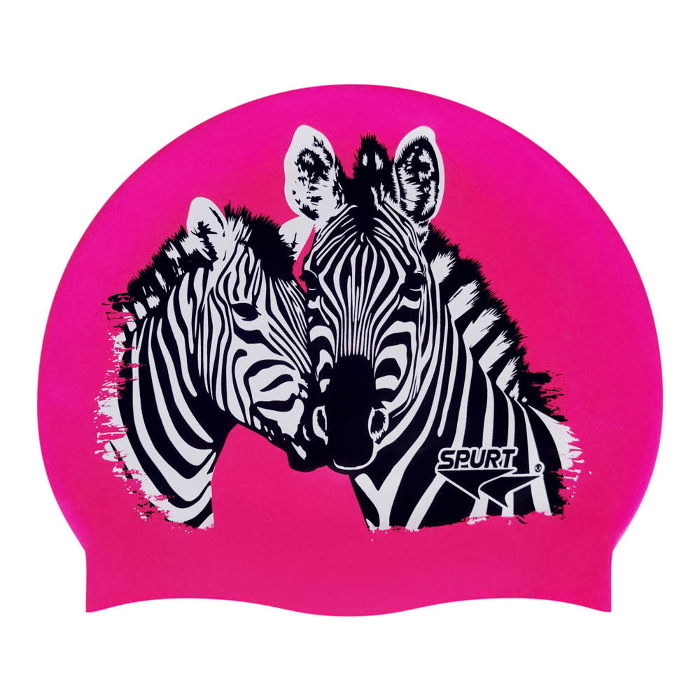 Zebra Faces in Black and White on F215 Bright Pink Spurt Silicone Swim Cap