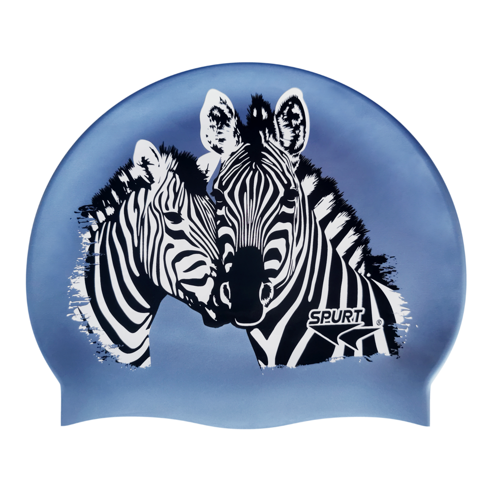 Zebra Faces in Black and White on SD17 Gun Metal Blue Spurt Silicone Swim Cap