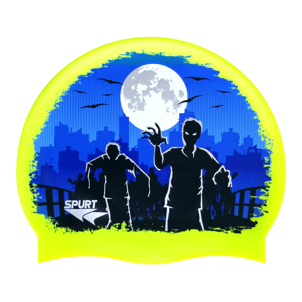 Zombies in Abandoned City Night Scene on F213 Neon Yellow Spurt Silicone Swim Cap