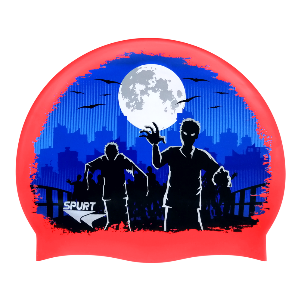 Zombies in Abandoned City Night Scene on F214 Neon Coral Spurt Silicone Swim Cap