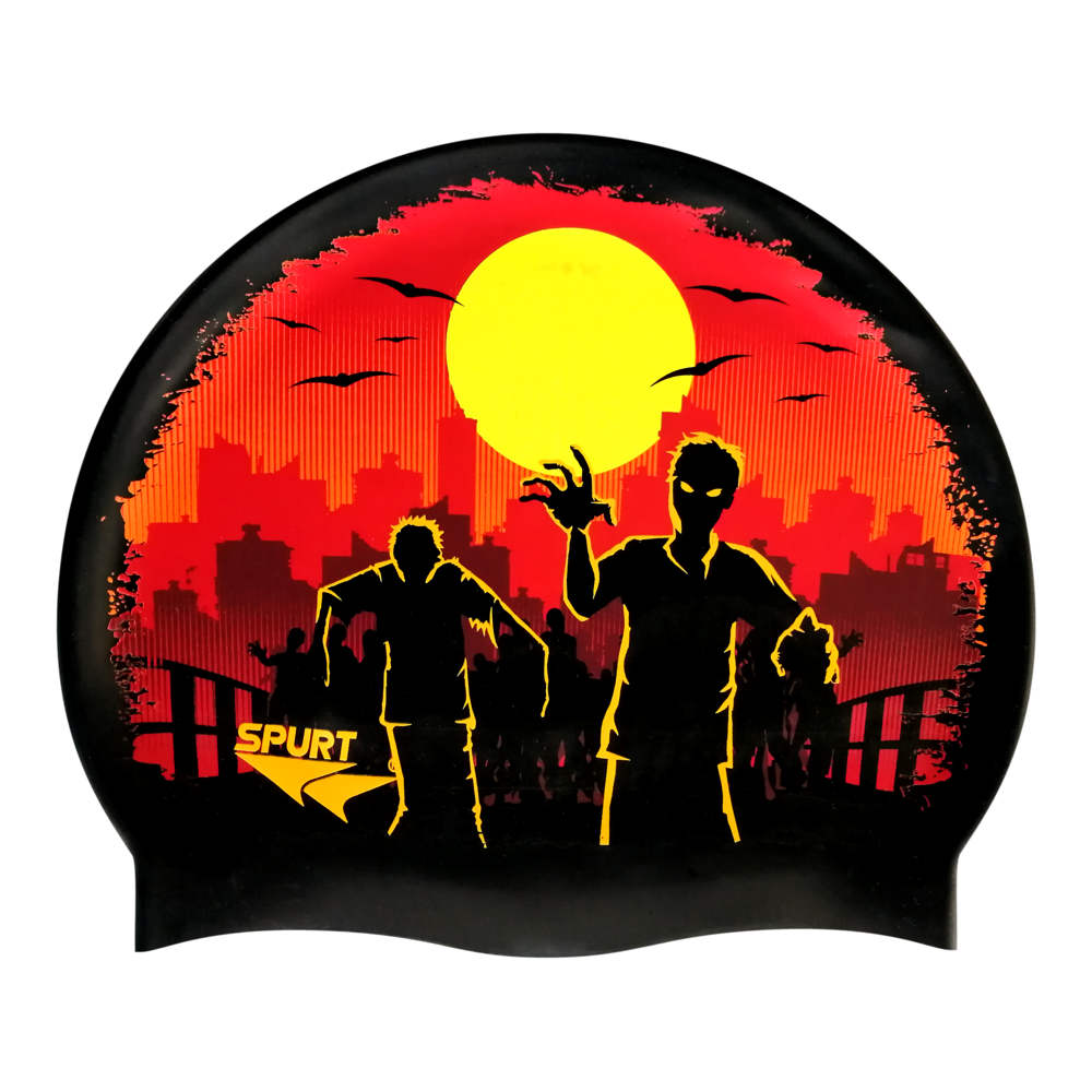 Zombies in Abandoned City Sunset Scene on F209 Deep Black Spurt Silicone Swim Cap