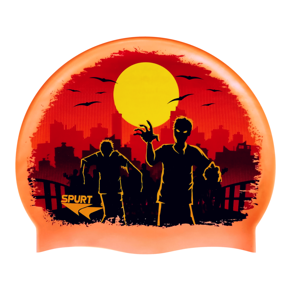 Zombies in Abandoned City Sunset Scene on SC19 Metallic Orange Spurt Silicone Swim Cap