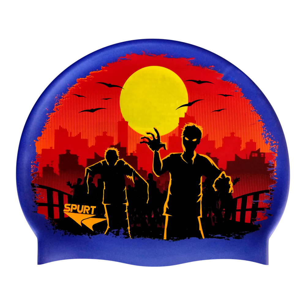 Zombies in Abandoned City Sunset Scene on SD16 Metallic Navy Spurt Silicone Swim Cap