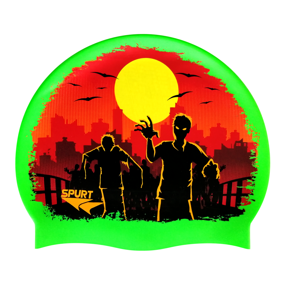 Zombies in Abandoned City Sunset Scene on SE24 Vivid Green Spurt Silicone Swim Cap