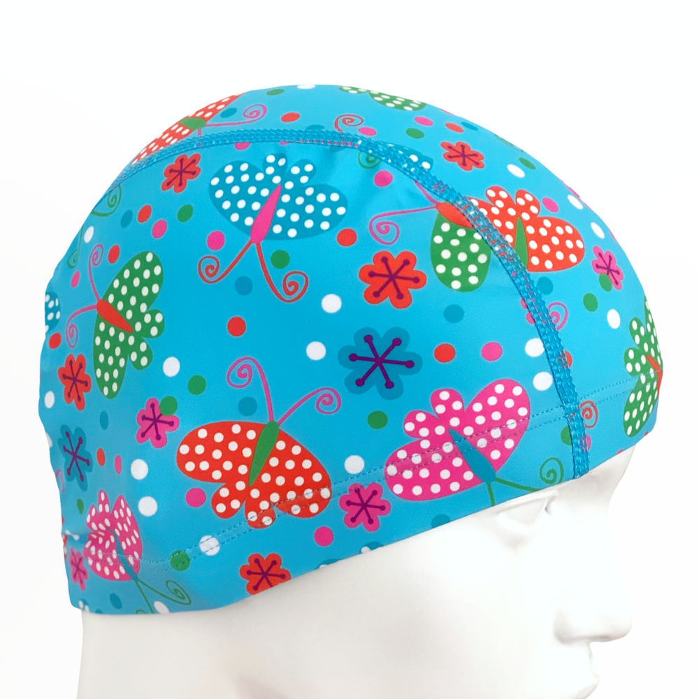 Lycra Fantasy Lycra Swim Cap Size Small in Bright Butterflies and Polka Dots on Light Blue
