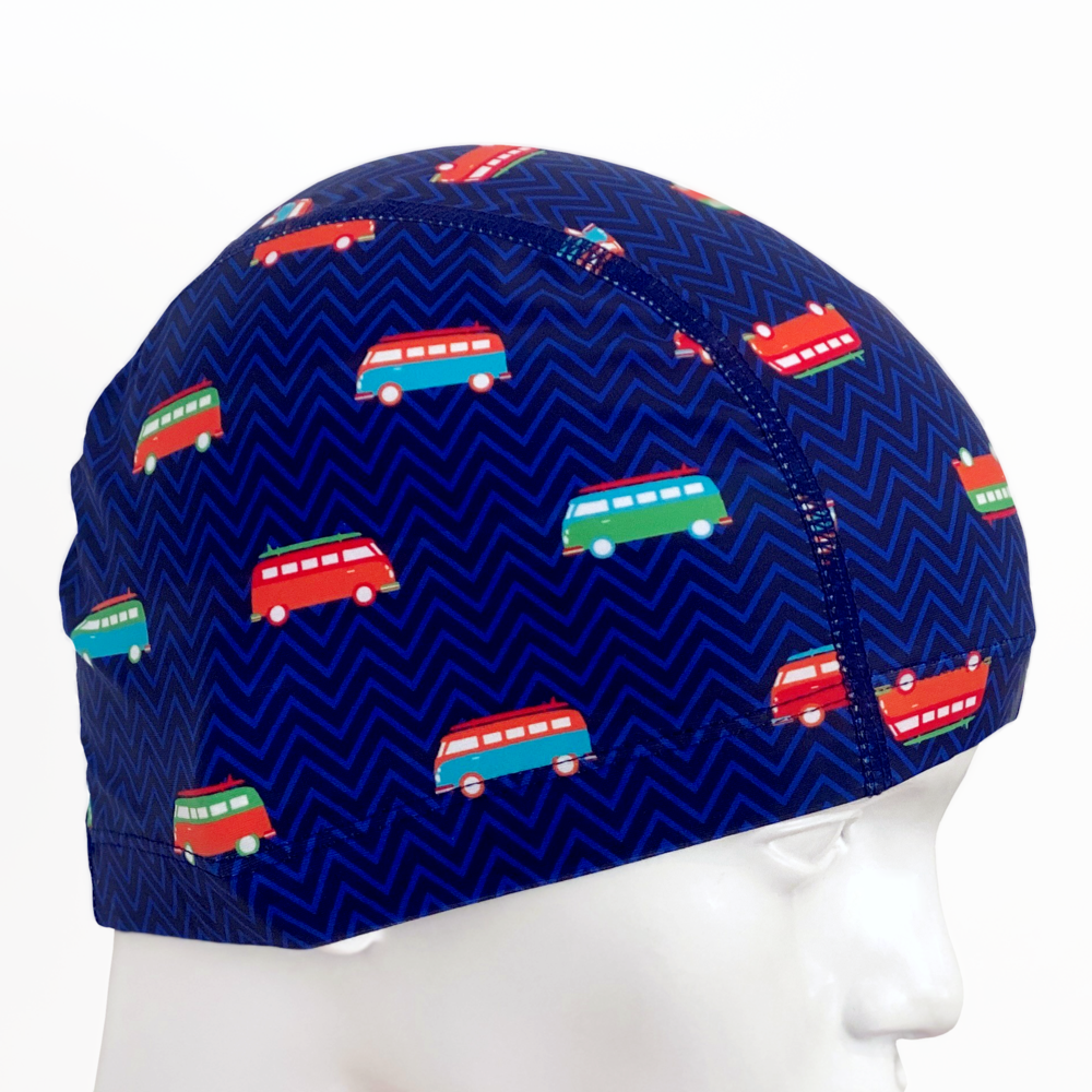Lycra Fantasy Lycra Swim Cap Size Small in Caravans with Zig-zags on Navy