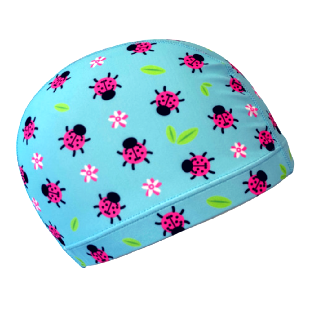 Lycra Fantasy Lycra Swim Cap Size Small in Ladybugs and Flowers on Light Blue