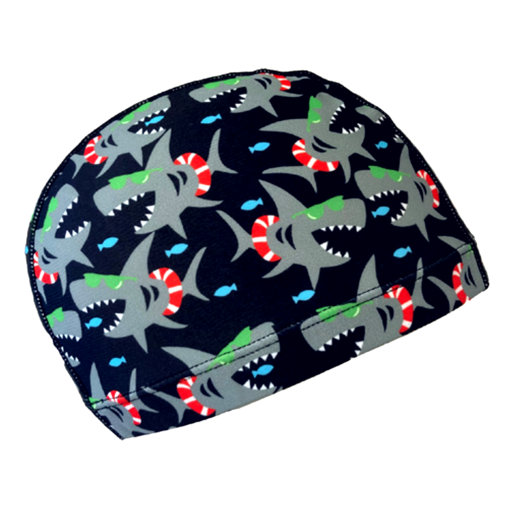 Lycra Fantasy Lycra Swim Cap Size Small in Sharks in Sunglasses on Black