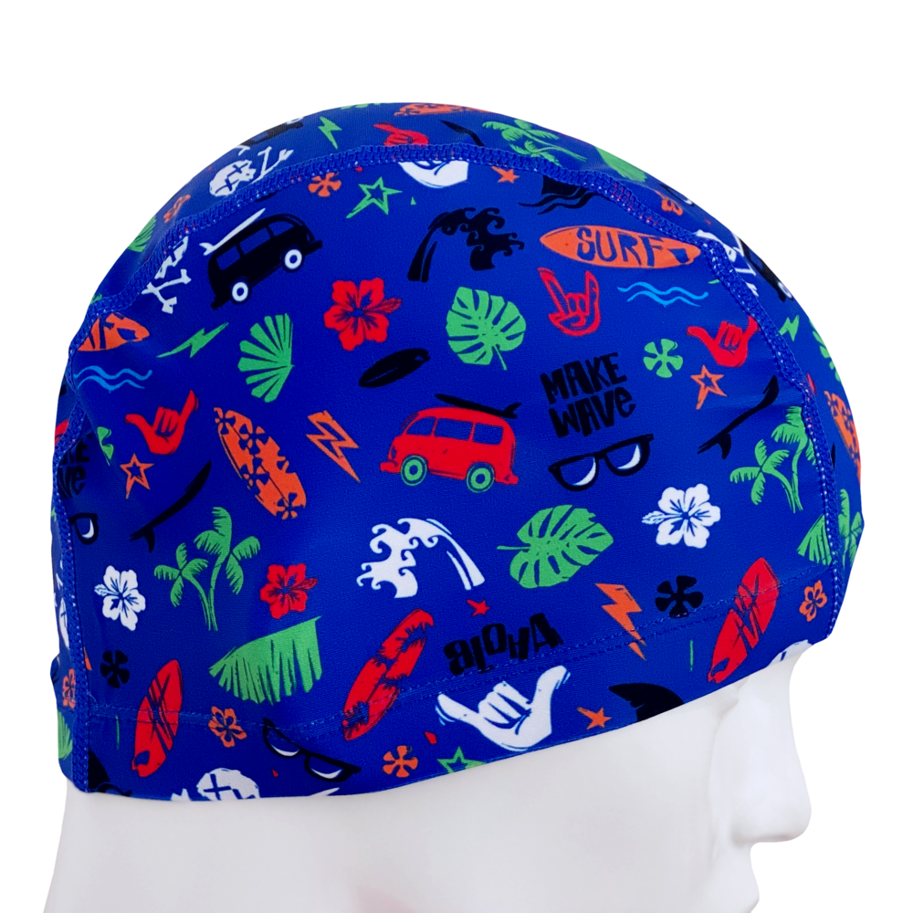 Lycra Fantasy Lycra Swim Cap Size Small in Surfer Island Theme on Royal Blue