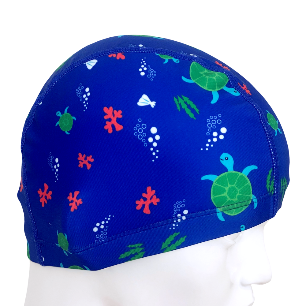 Lycra Fantasy Lycra Swim Cap Size Small in Turtles and Seaweed on Royal Blue