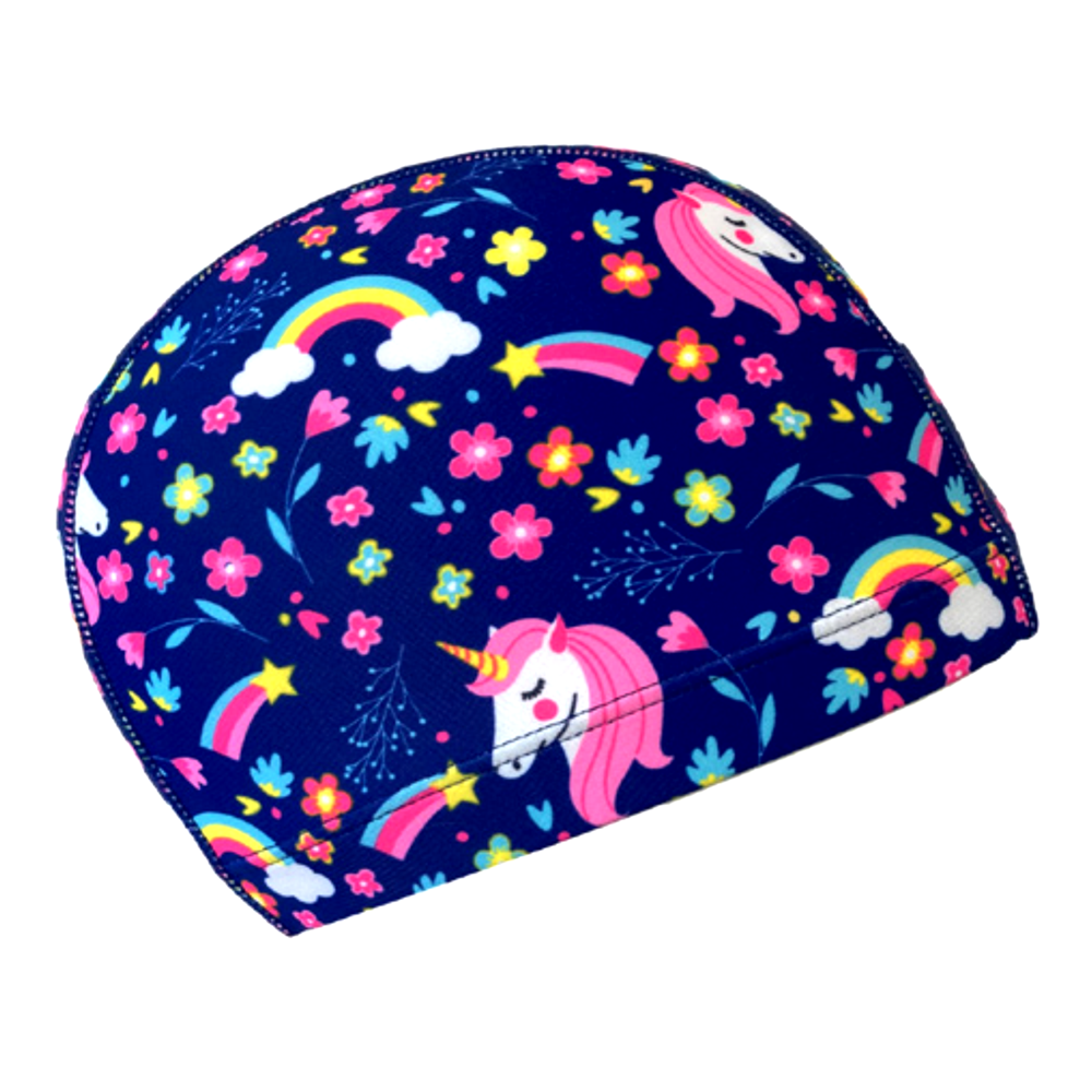 Lycra Fantasy Lycra Swim Cap Size Small in Unicorns, Rainbows and Flowers on Navy