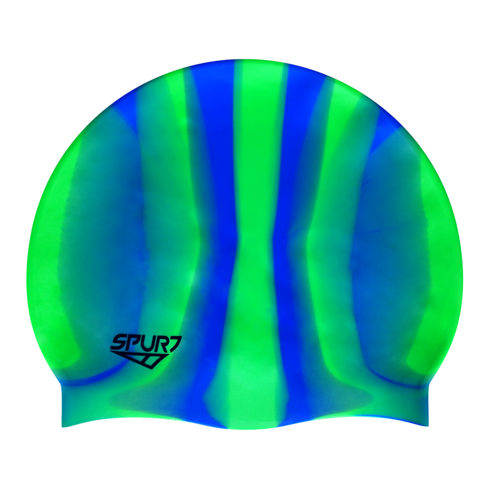 Spurt Multi-Colour Plain MI100 Green and Bright Blue Vertical Stripes Silicone Swim Cap