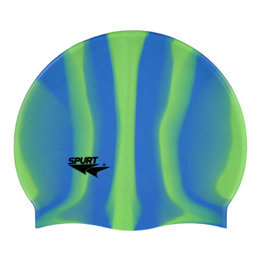 Spurt Multi-Colour Plain MI129 Neon Green and Sky Blue Vertical Stripes Silicone Swim Cap