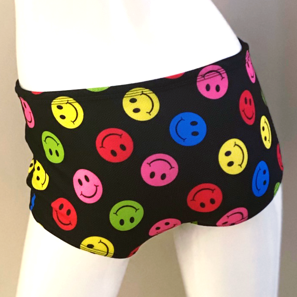 Splitz Drag Suit Unisex Swim Shorts in Black with Multi-Colour Smiley Faces