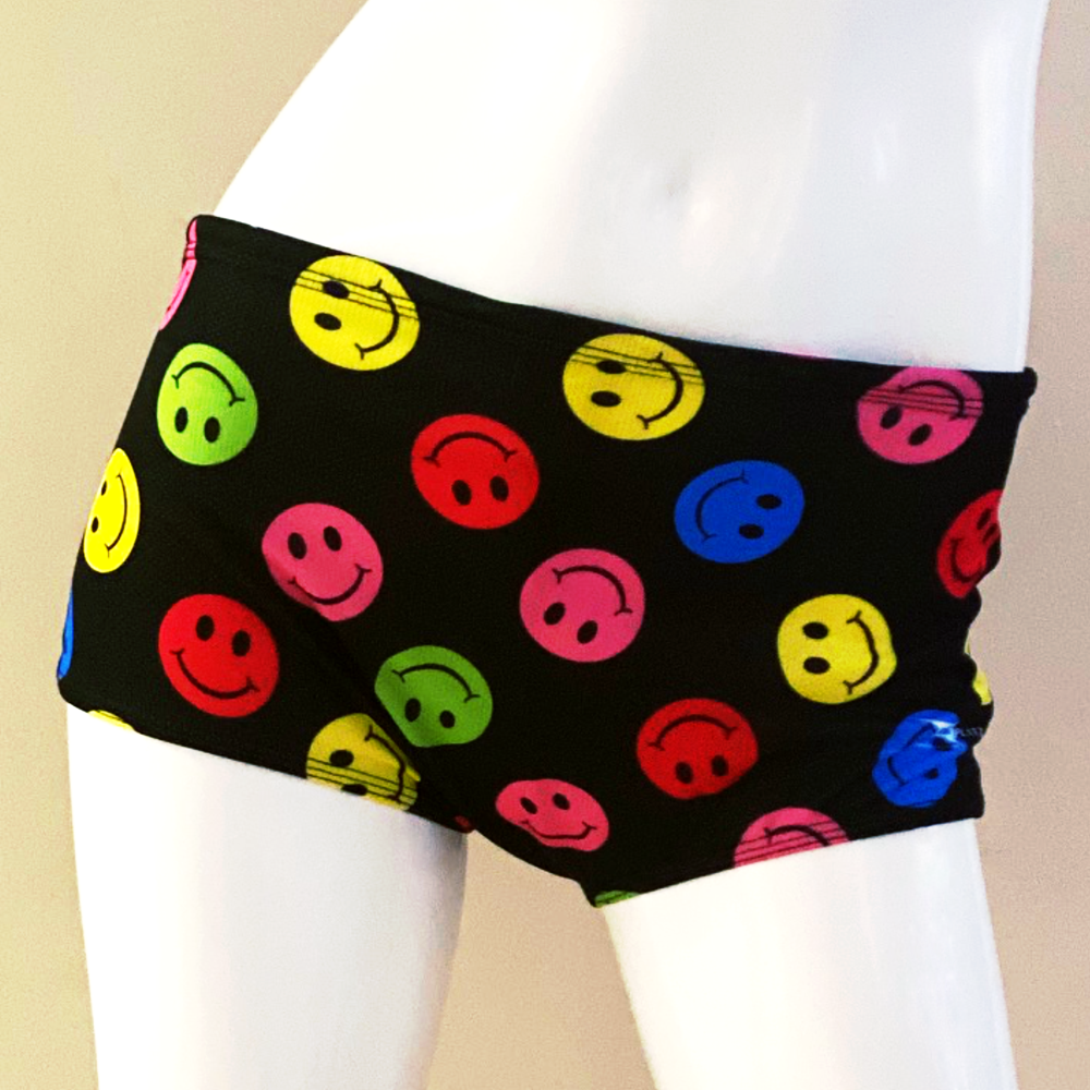 Splitz Drag Suit Unisex Swim Shorts in Black with Multi-Colour Smiley Faces