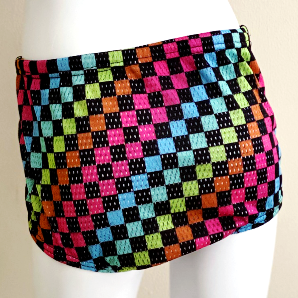 Splitz Drag Suit Unisex Swim Shorts in Diagonal Rainbow and Black Coloured Blocks