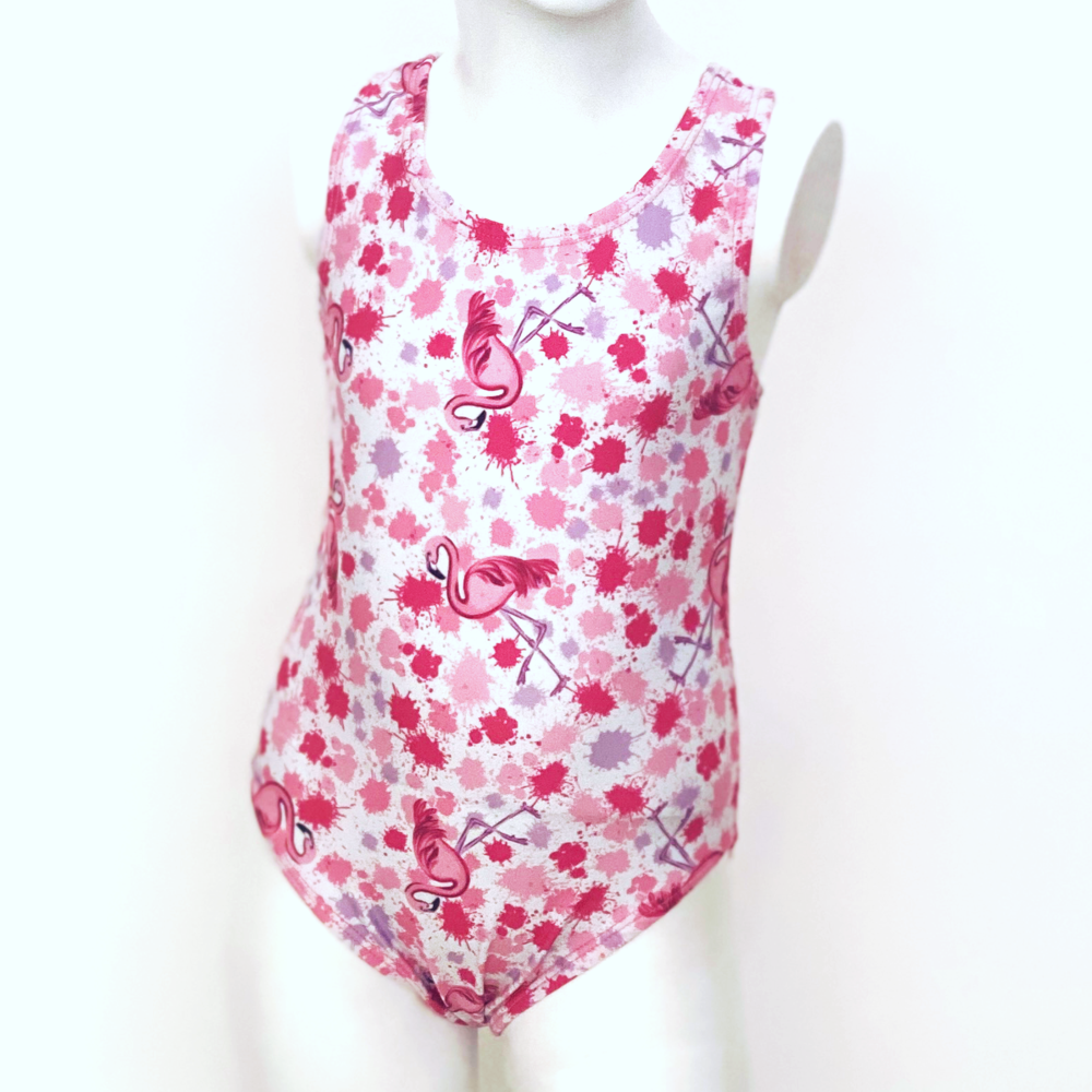 Kikx Extra Life Fastback Swimsuit in Full Print Flamingos in Splashes on White