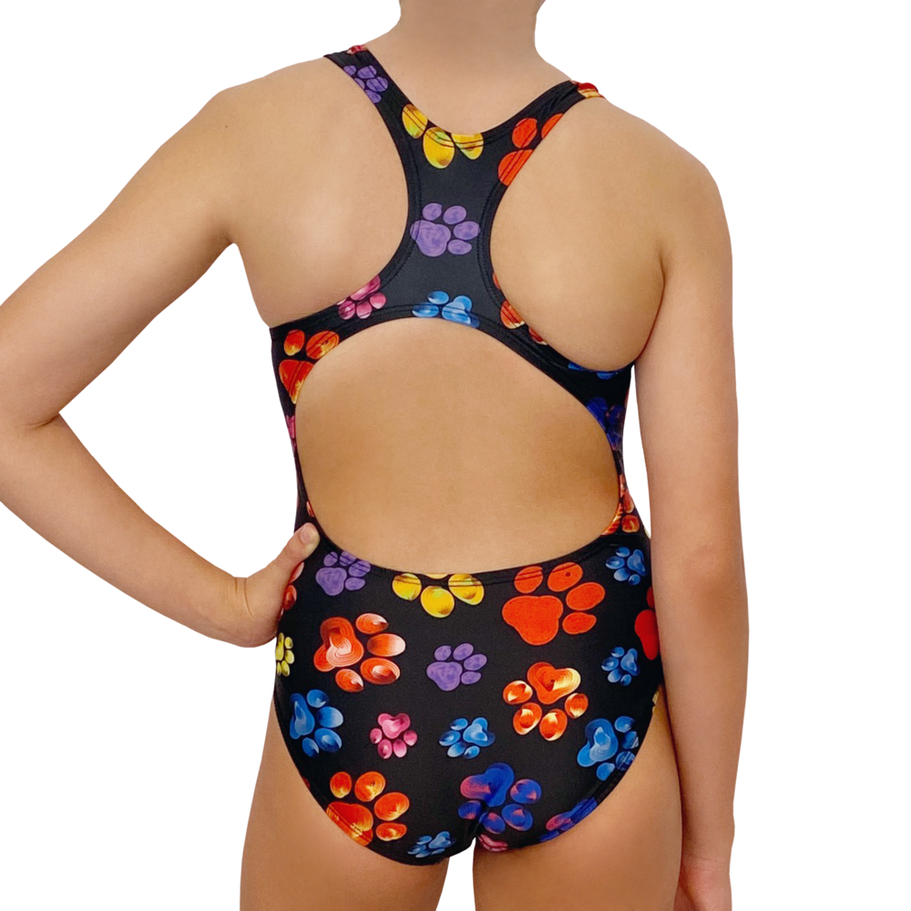 Extra Life Fastback Swimsuit in Multi-colour Paint Swirl Paw Prints on Black