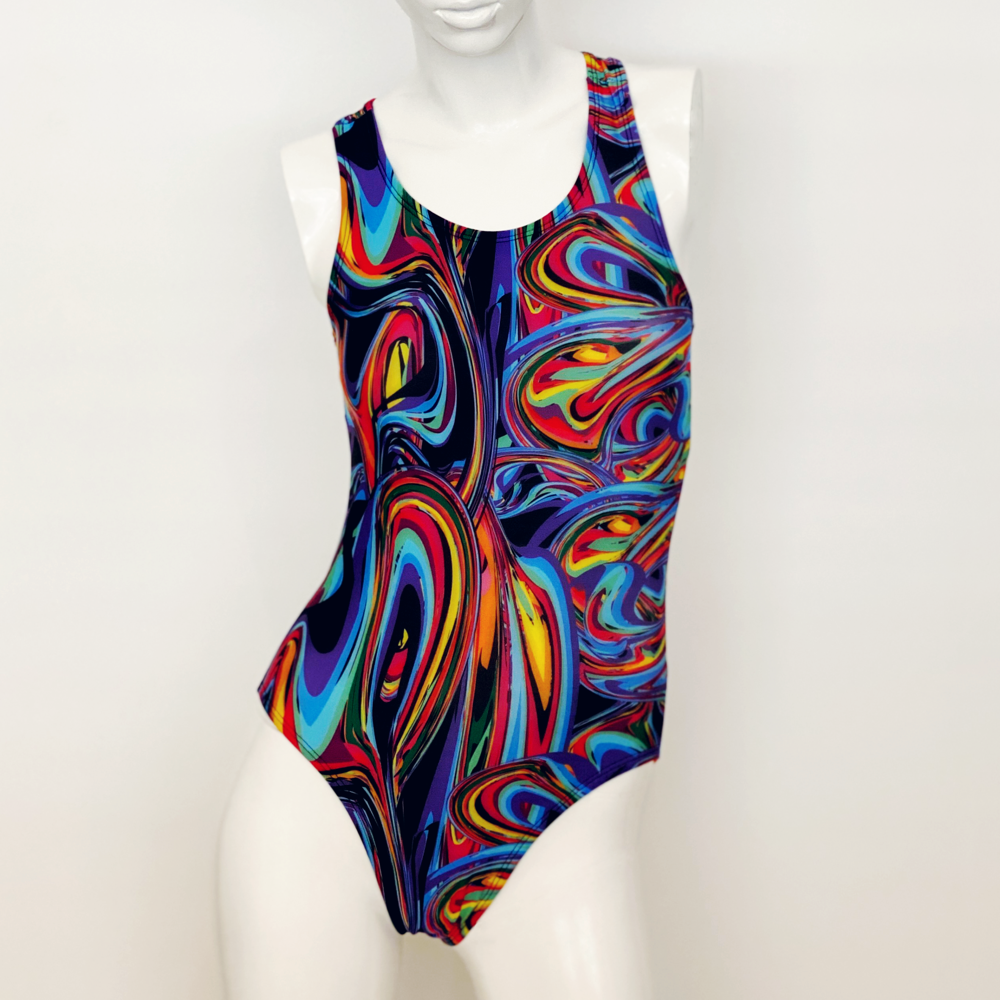 Extra Life Fastback Swimsuit in Blue and Lilac Multi Swirls