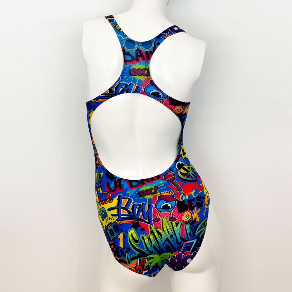 Extra Life Fastback Swimsuit in Full Print Graffiti on Blue