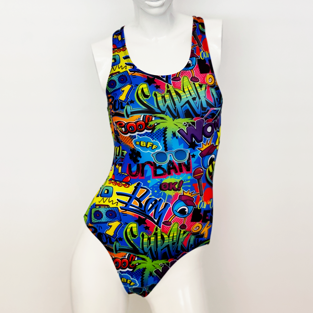 Extra Life Fastback Swimsuit in Full Print Graffiti on Blue
