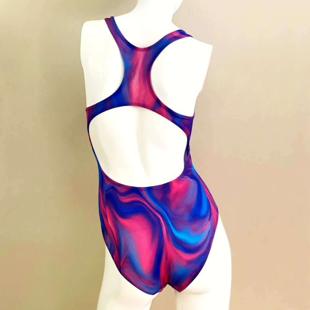Extra Life Fastback Swimsuit in Full Print Pink and Lilac Tiedye
