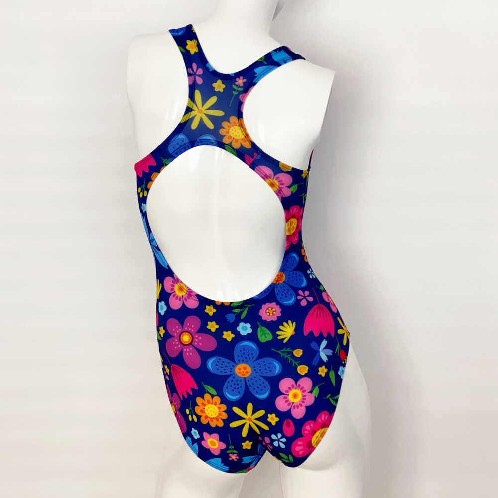 Extra Life Fastback Swimsuit in Full Print Royal Blue with Multi Colour Flowers