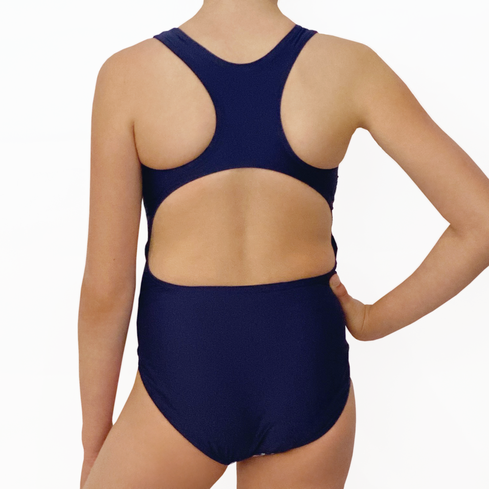 Extra Life Fastback Swimsuit in Navy and White Vertical Tie-Dye with Navy Back