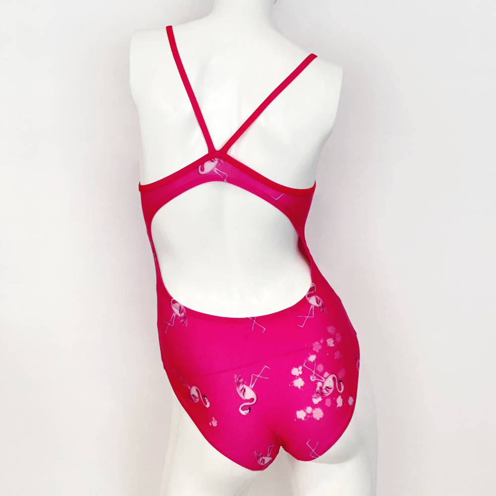 Kikx Extra Life Thin Strap Swimsuit in Full Print Flamingos in Splashes on Bright Pink