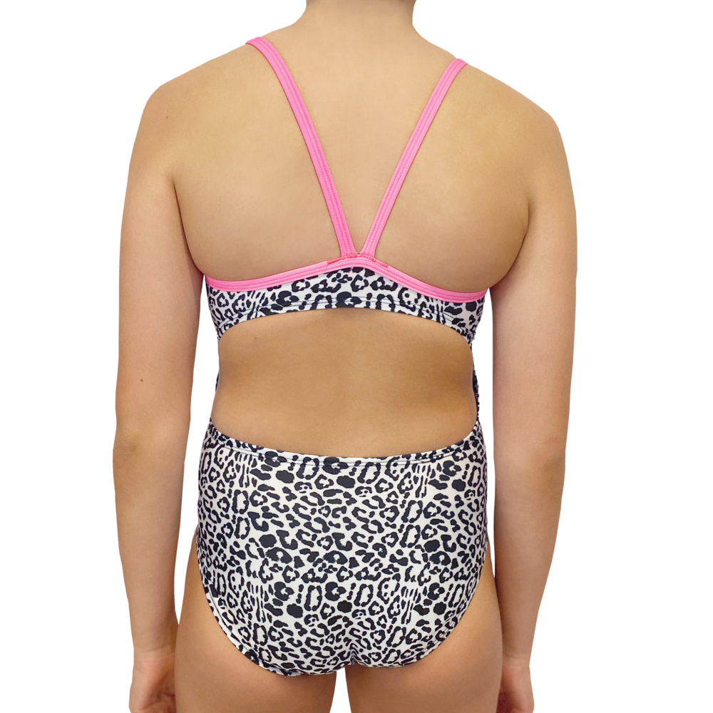 Kikx Extra Life Thin Strap Swimsuit in Leopard Print on White and Neon Pink Straps