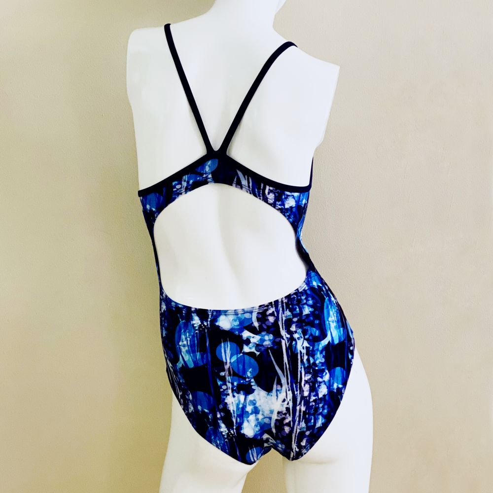 Extra Life Thin Strap Swimsuit in Blue Bubbles with Black Straps