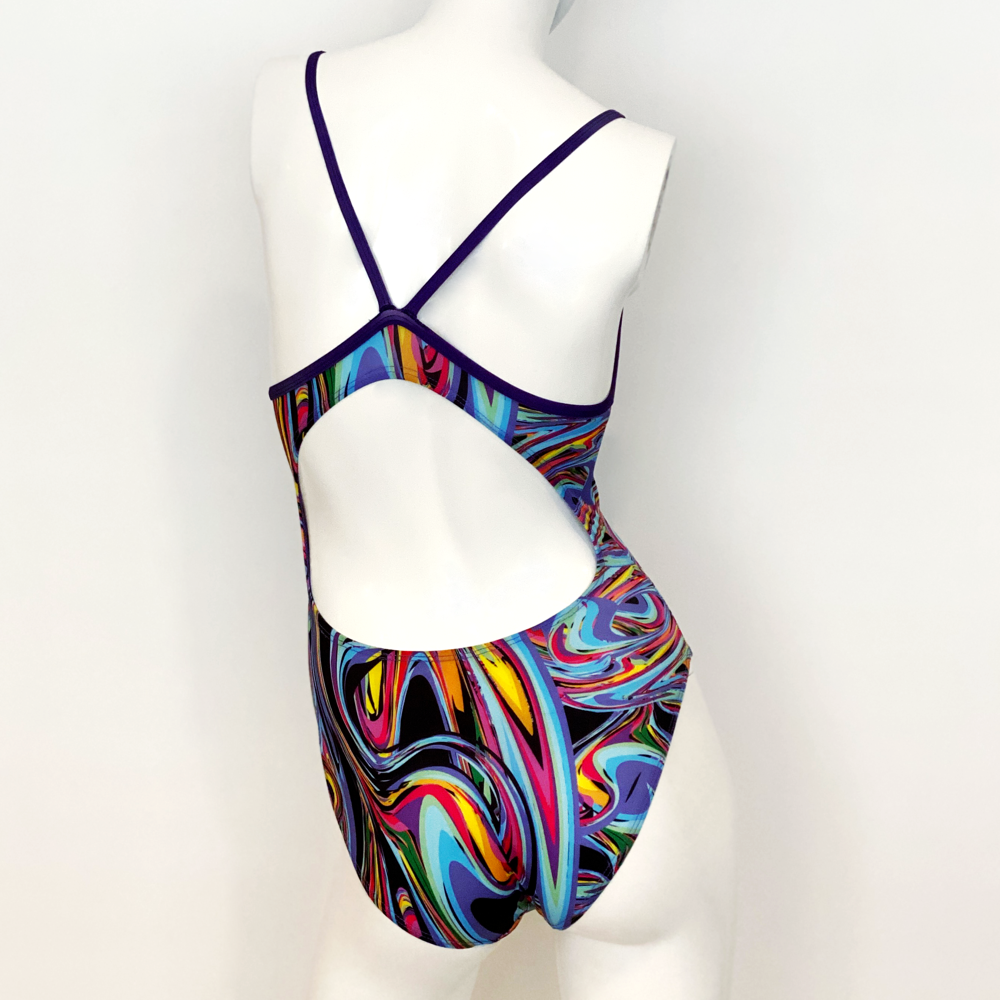 Extra Life Thin Strap Swimsuit in Blue and Lilac Multi Swirls with Purple Straps