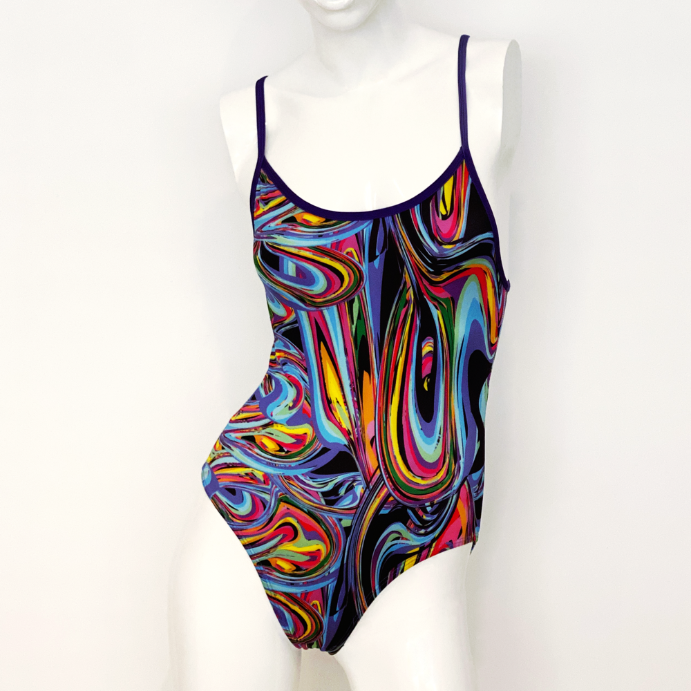 Extra Life Thin Strap Swimsuit in Blue and Lilac Multi Swirls with Purple Straps
